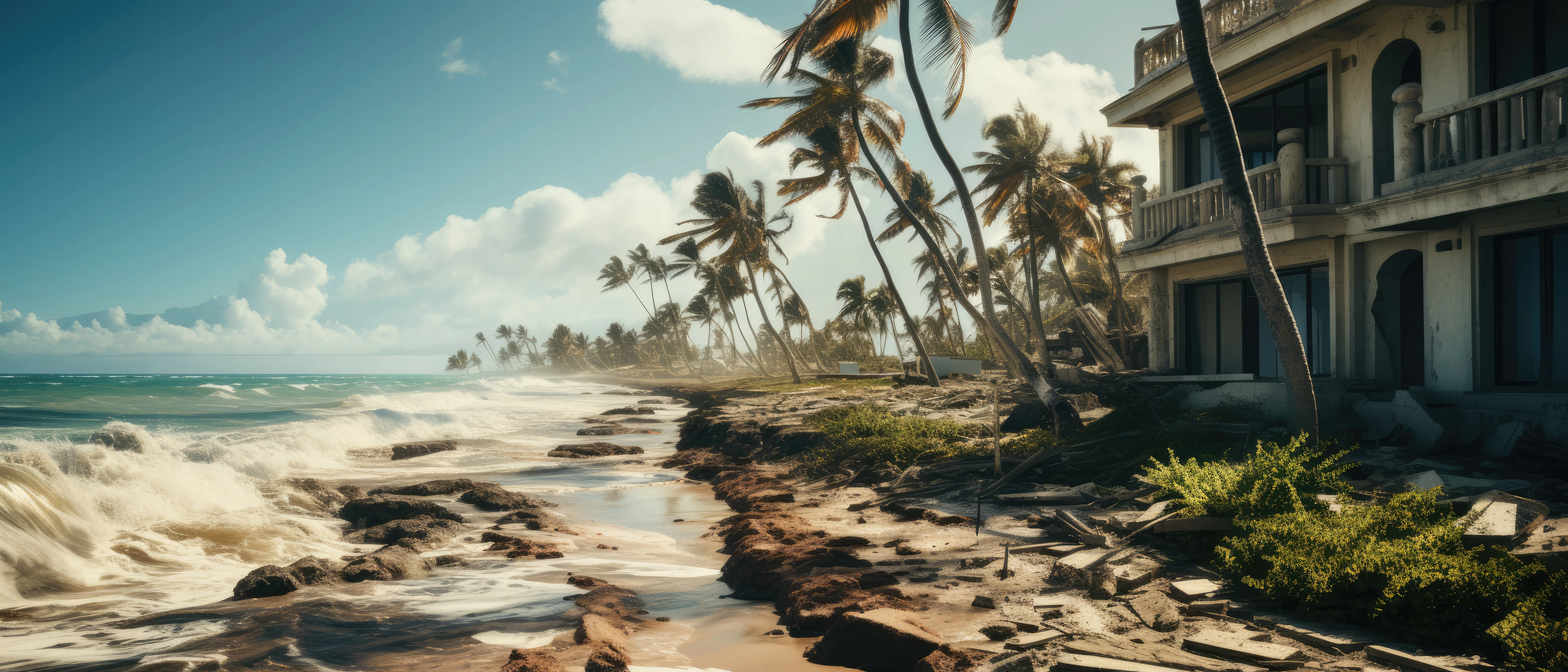 Destroyed buildings by the coast because hurricane devastation Destroyed buildings by the coast because hurricane devastation