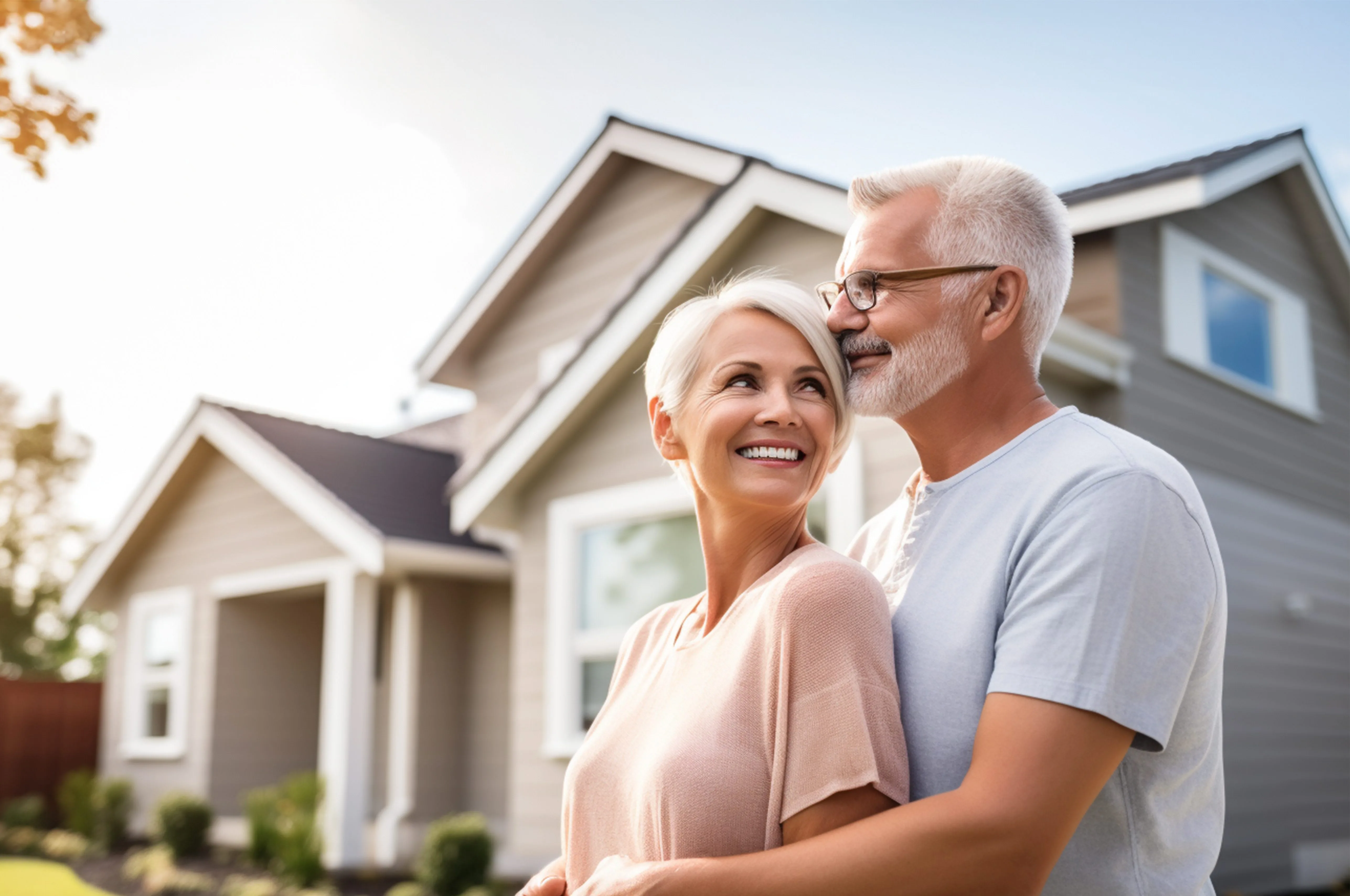 Happy couple standing in front of their new home