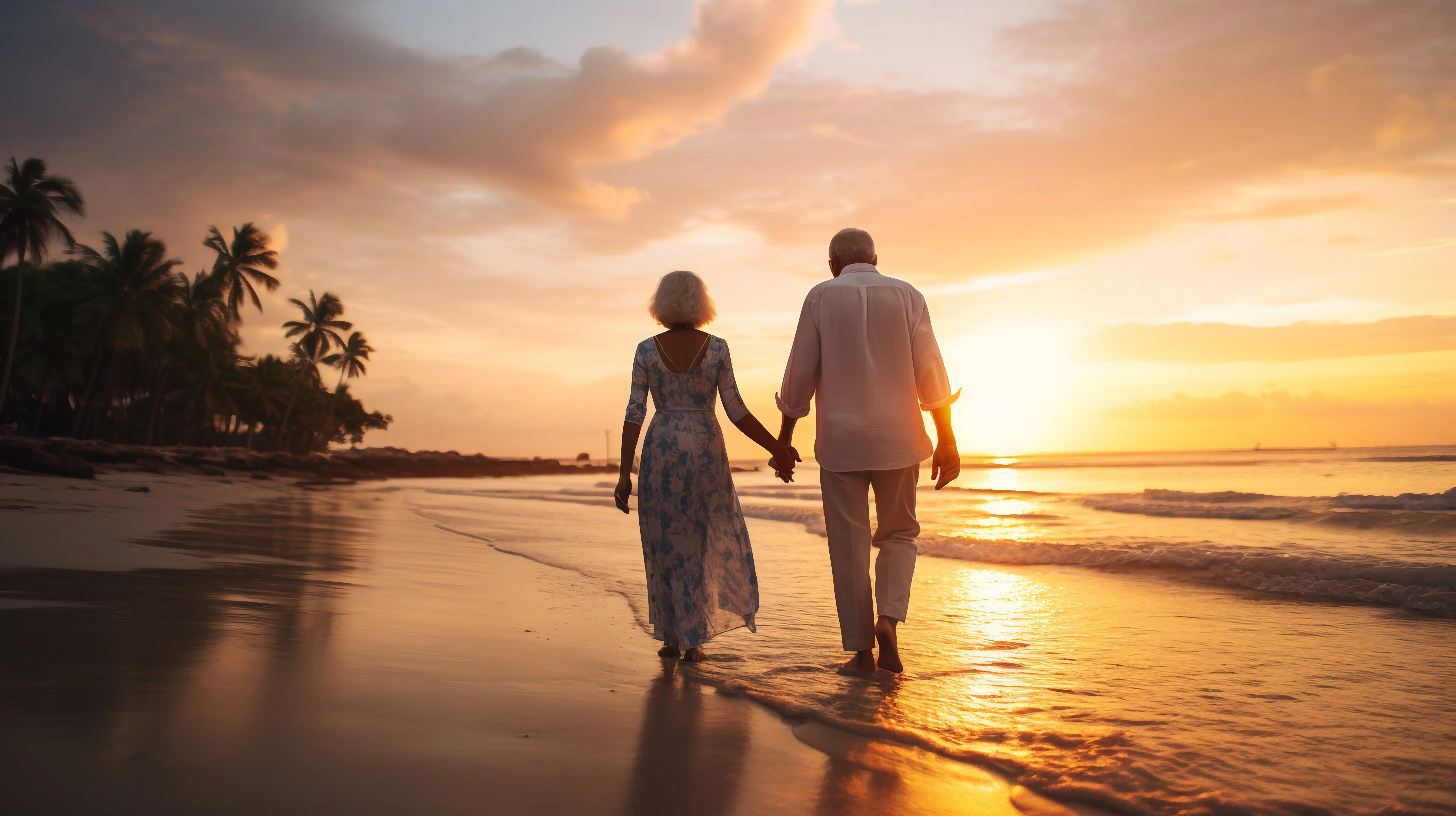 Senior couple walking hand in hand on a tropical beach at sunset A happy senior couple walking on the beach.