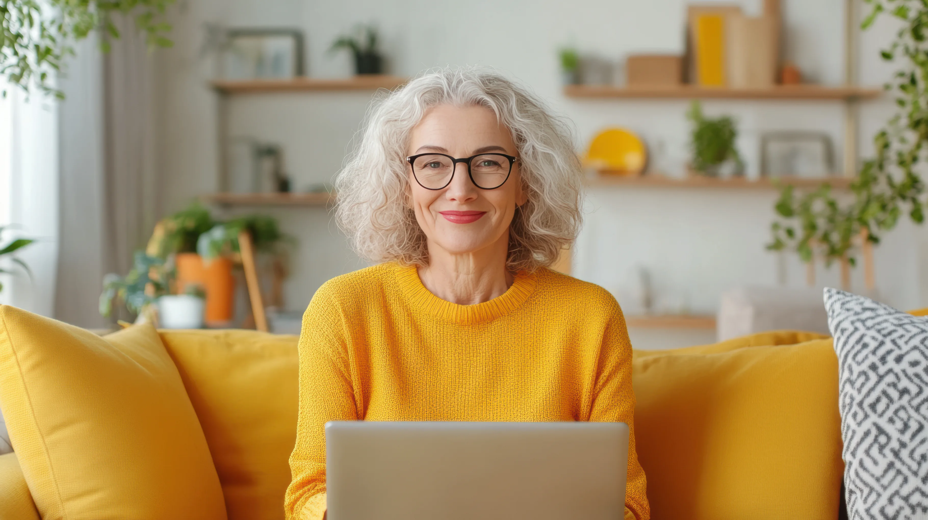 A woman in a yellow sweater is sitting on a couch with a laptop in front of her A woman in a yellow sweater is sitting on a couch with a laptop in front of her