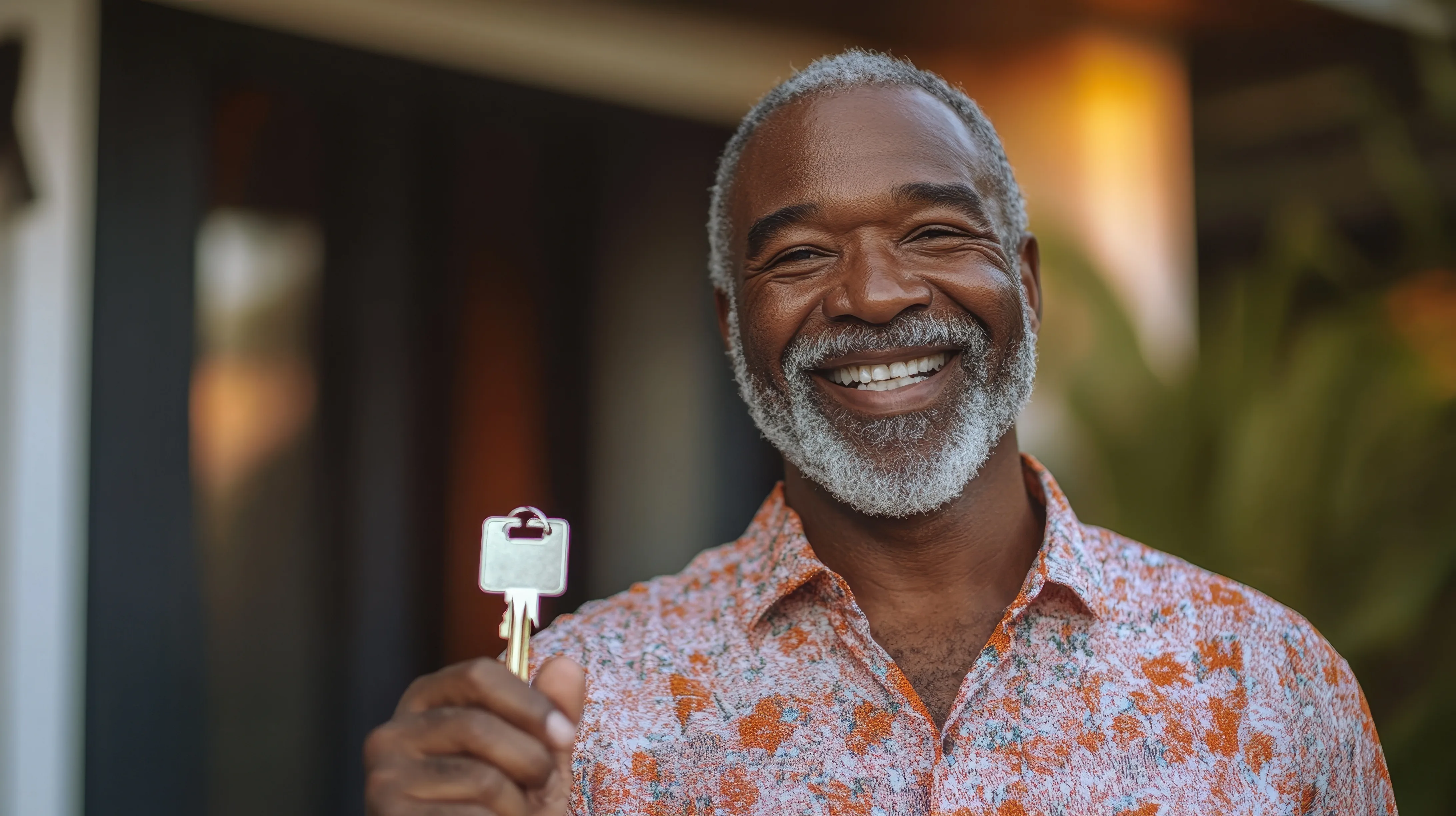Happy Senior Man Holding House Keys, New Homeowner Joyful Expression, Real Estate Success