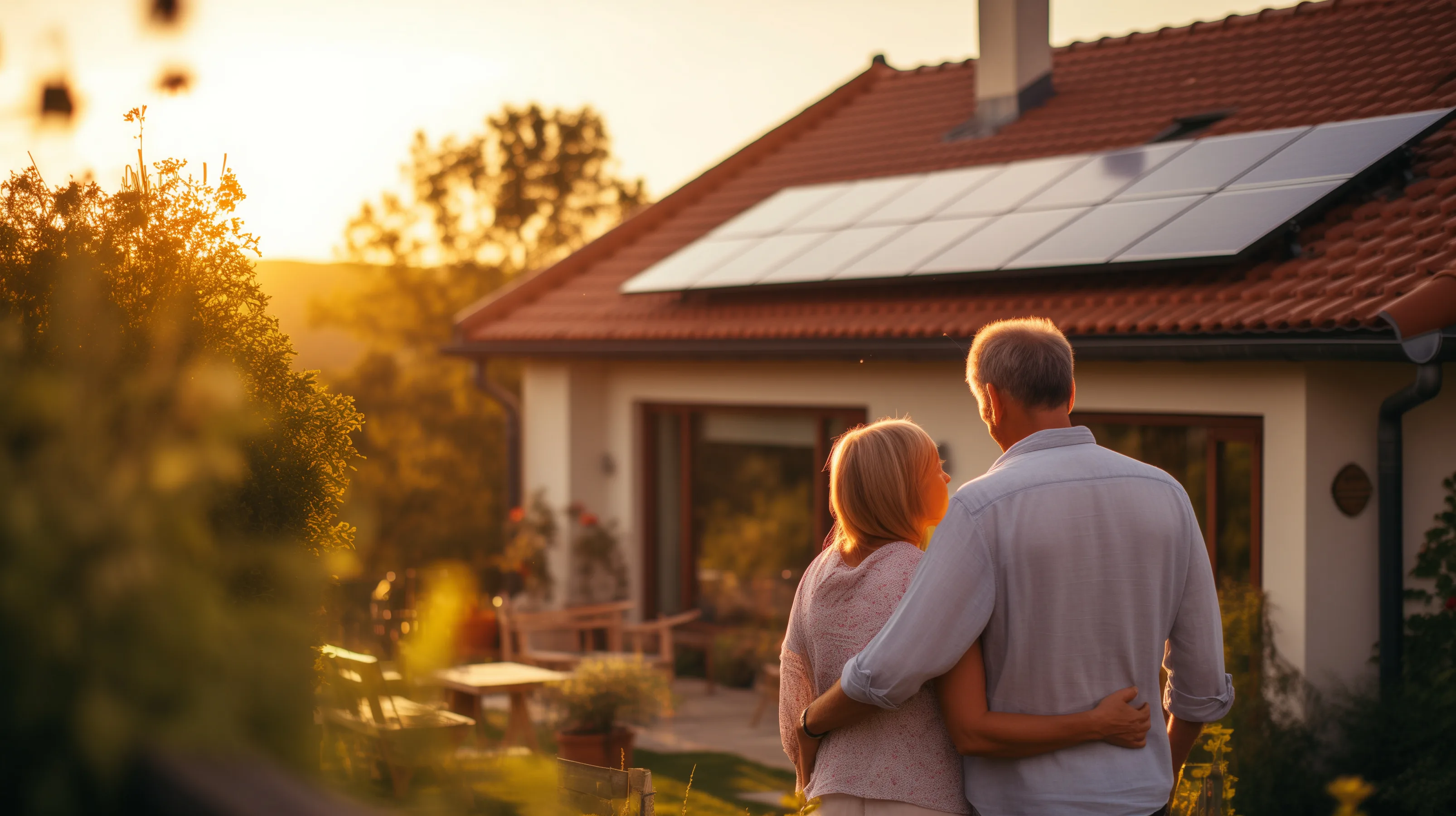 Smiling elderly couple standing in front of their cottage in the evening.